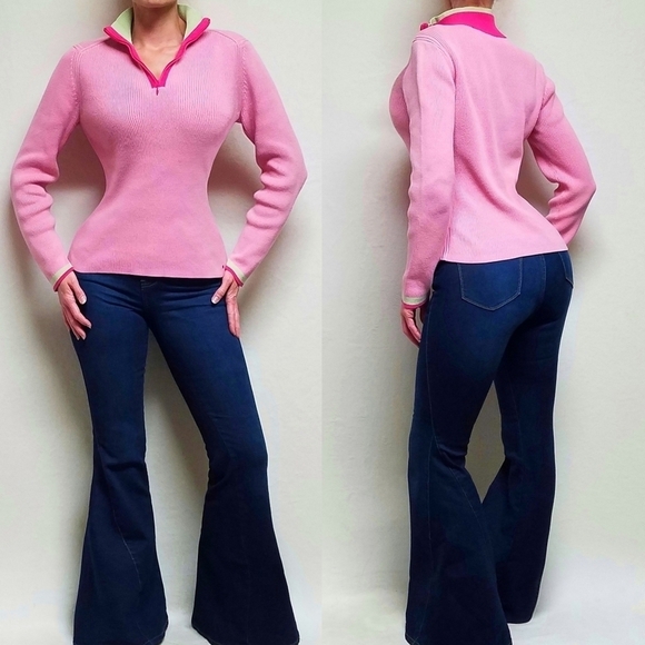 Vintage Retro Y2K Tommy Hilfiger Pastel Neon Pink Green Ribbed Pull-over Sweater - Picture 1 of 16